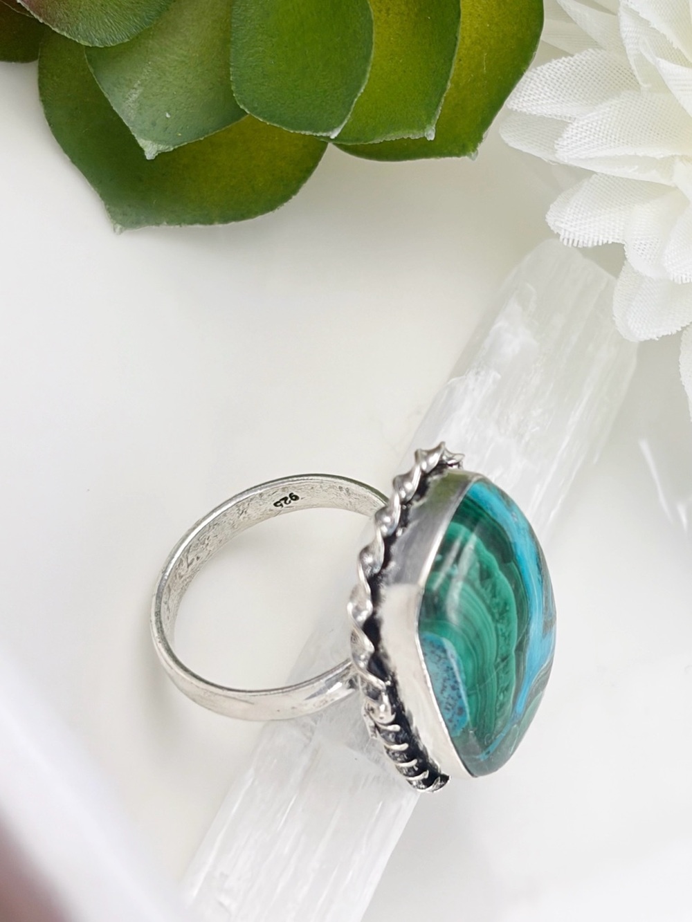 Chunky Malachite Chrysocolla Ring Size 7 1/4 7.25 Vintage Boho Southwest Style - Picture 5 of 7